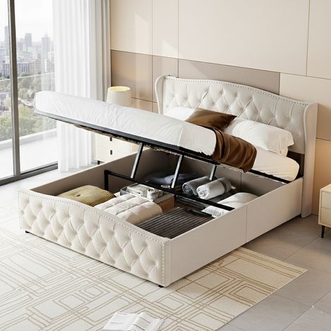 Lit coffre 140x200 cm avec sommier, lit double capitonné avec hydraulique rangement et tête de lit, lit adulte pour adultes et adolescents, velours, beige (1/4)