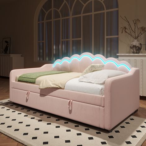 Lit de jour, canapé-lit, lit hydraulique, avec rangement, lit simple (sans matelas), velours, bande LED changeant de couleur, 90x200cm, rose (1/5)