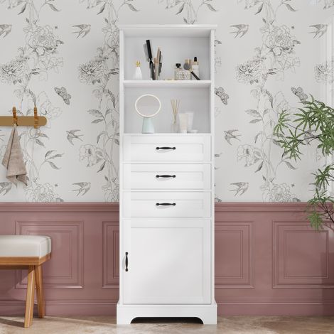 Mueble de baño 56x25.6x167 cm blanco en MDF con tres cajones, estantes abiertos y armario (1/5)
