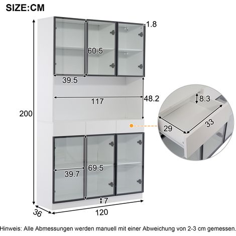Armoire vitrée 200cm de haut, meuble de rangement blanc avec éclairage LED, bibliothèque multi-étagères pour collection, chambre, salon, bureau - cadre de porte noir. (1/5)