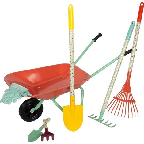 1 - Kit Jardinage Enfant - Brouette Métal - Outils Bois Et Gants - Jeu Plein Air Sable Jardin - Multicolore - 78x36x44cm (1/5)
