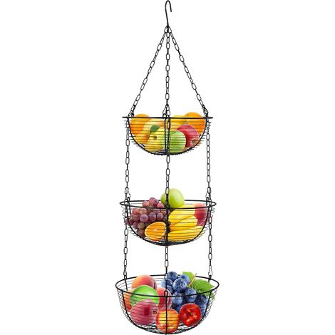 Cesta colgante de 3 niveles, frutero colgante con gancho para techo, frutero colgante de 76 cm para cocina, cesta para verduras de metal (negra). (1/5)