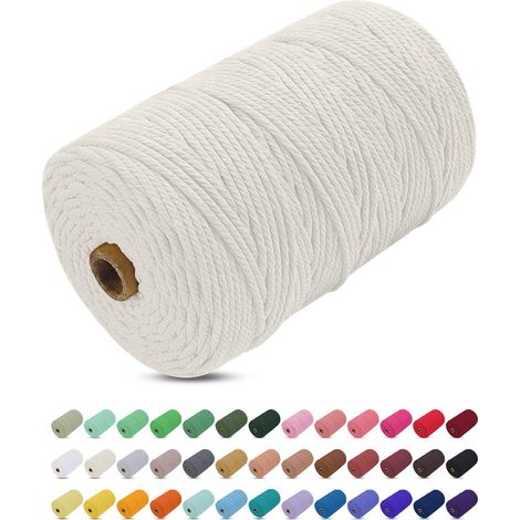 Corde de macramé 3 mm x 200 m, fil de macramé 3 mm en coton naturel, 4 brins, cordon en coton coloré pour loisirs créatifs (tressage, décorations (1/5)