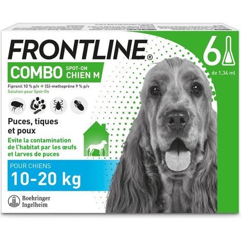 Combo Chien - Anti Puces, Anti-Tiques - Protège L'Habitat1, Élimine Puces Pendant 8 Semaines/Tiques Pendant 4 Semaines - Pour Chien 10 à 20 kg - Fabriqué En France - 6 Pipettes Spot-On (1/5)