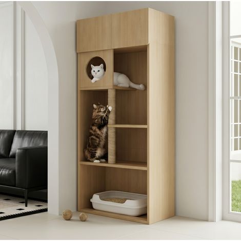 Mobile lettiera per gatti multifunzione 80 x 45 x 193 cm in MDF colore naturale HAVRYA (1/5)