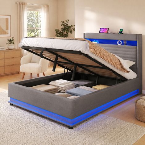 Letto contenitore 140x200 cm in lino grigio con LED, USB-C e vano portaoggetti, senza materasso (1/5)
