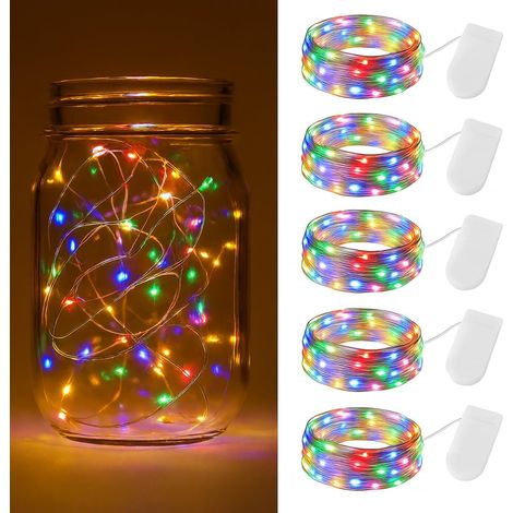 Lot de 5 guirlandes lumineuses à piles colorées de 2 m 20 LED en fil argenté - Guirlande lumineuse étanche alimentée par piles pour intérieur, chambre à coucher, décoration de fête, mariage et (1/5)