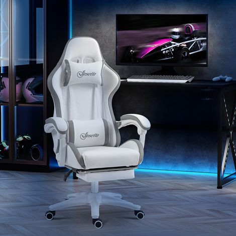 Gaming-Stuhl, ergonomischer Gaming-Stuhl mit um 135° verstellbarer Rückenlehne und Lendenwirbelstütze, 65 x 65 x 121–129 cm, weiß