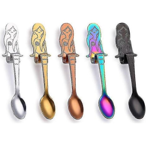 Lot de 5 cuillères à café en acier inoxydable, cuillère sirène, cuillère à thé, soupe, sucre, dessert, apéritif, assaisonnement, cuillère bistro, tasse suspendue, ustensiles de cuisine multifonctionne (1/5)