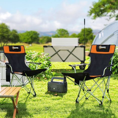 Lot de 2 chaises pliantes de camping orange avec repose-pieds amovible, porte-verre, capacité max 120 kg
