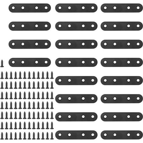 Lot de 20 équerres d'angle plates et droites de 80 mm en métal noir avec 85 vis pour meubles en bois (80 x 2 mm) (1/4)