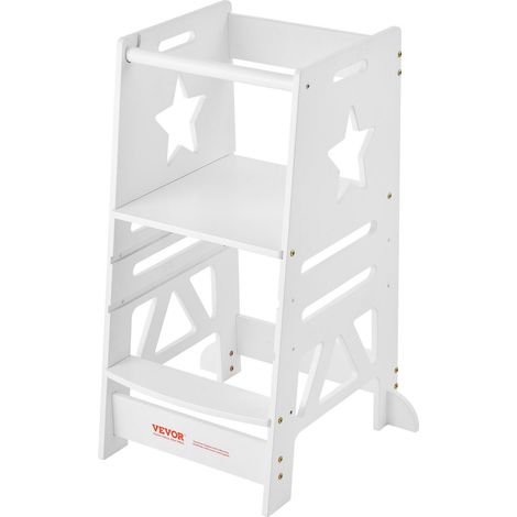 Marchepied Tour pour Enfants et Tout-Petits, 3 Hauteurs Réglables, Aide de Cuisine en Bambou, avec Barrière de Sécurité pour Chambre et Salle de Bains, Charge 350LBS, Blanc (1/5)