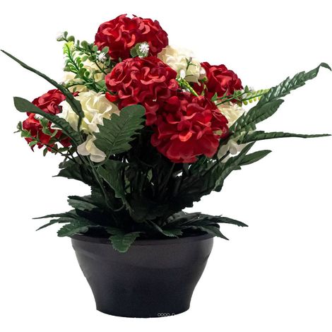 Vasque de Zinnias fleurs artificielles pour le cimetière H 31 cm D 32 cm Rouge-blanc - couleur: Rouge-blanc