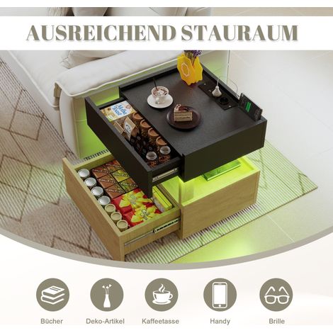 Table de chevet intelligente avec chargeur sans fil, éclairage LED, USB et 2 tiroirs - Noir et bois naturel (1/5)