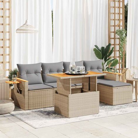 Salon de jardin 6 pcs avec coussins beige résine tressée acacia (1/5)