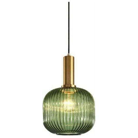Suspension vintage industrielle en verre rayé – Abat-jour 30 cm – Support en laiton poli – Hauteur 18 cm – Compatible ampoules E27-Chrom (1/5)