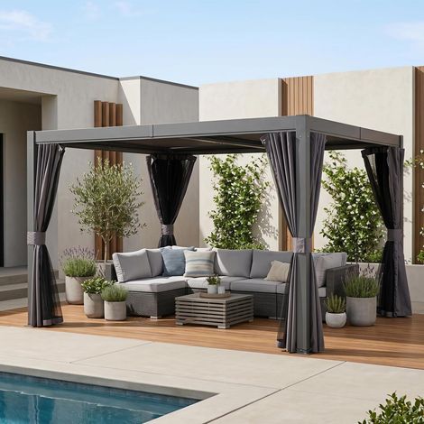 Lamellen-Pergola 3x3,6m Grau mit verstellbarem Dach und Moskitonetzen (1/5)