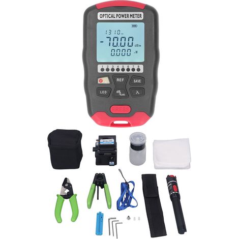 Kit outillage FTTH fibre optique avec stylo lumineux rouge 50km, compteur de puissance optique, coupe-câble, pince à dénuder, pince de serrage et clé. (1/5)
