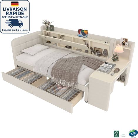 MODFU - Sofá cama infantil 90×200cm con 2 cajones, espacio de almacenaje y escritorio, USB+Tipo C, somier de láminas, sin colchón, lino, beige (1/5)