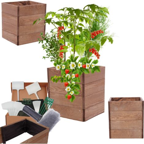 MODO24 Carré potager ZP06 surélevé en bois de pin massif pour jardin et terrasse, 36x33×30 cm, brun imprégné (1/5)