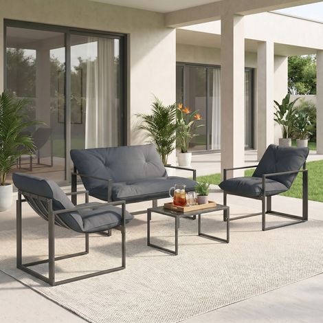 Salon de jardin 4 pièces 4 personnes avec canapé 2 places, 2 fauteuils et 1 table basse gris (1/5)