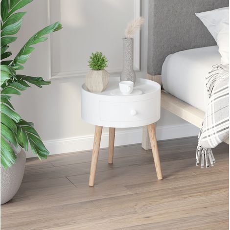 Mesa auxiliar redonda de madera blanca 38 x 38 x 45 cm con almacenaje para salón FloraGrace (1/5)