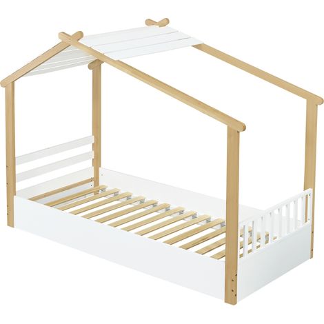 Letto a casetta per bambini 90x200 cm in pino, truciolare e MDF, bianco e naturale (1/5)