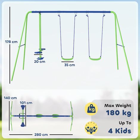 Portique de balançoires, structure extérieure avec 2 balançoires, bascule, balançoire pour enfants avec cadre en métal, vert (1/5)