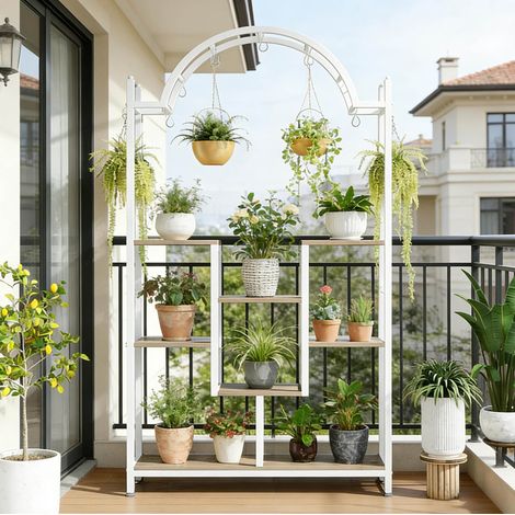 Scaffale porta piante bianco in metallo e legno, design ad arco, 5 livelli, con ganci e struttura salvaspazio (1/5)