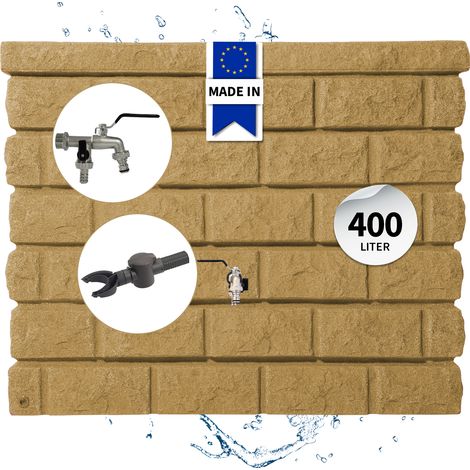 GARANTIA ROCKY Regentonne Wandtank Komplett-Set 400 Liter sandstone inkl. Chrom-Doppelauslaufhahn und Fallrohranschluss (1/5)