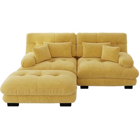 Canapé d'angle en chenille jaune avec coussins lombaires et décoratifs, accoudoirs larges et ottomanes (1/5)