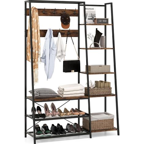 COSTWAY 5 in 1 Appendiabiti con Ripiani, Stand Appendiabiti con 9 Ganci, 5 Ripiani Laterali e 2 Ripiani in Rete, Attaccapanni Industriale in Metallo, per Ingresso Soggiorno, 118x40x180 cm (1/5)