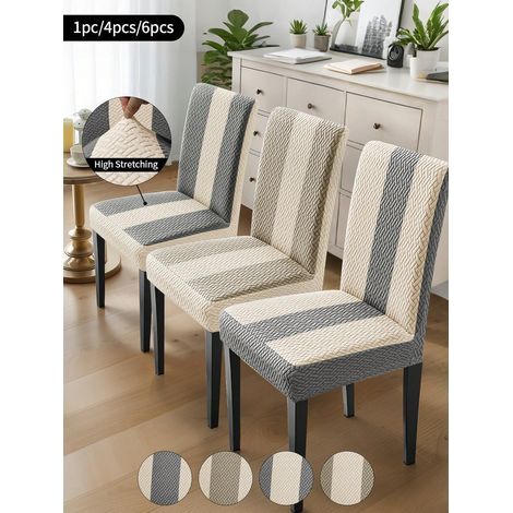 1 gestreifter Patchwork-Stuhlbezug, sehr dehnbar, staubdicht, fleckenabweisend und kratzfest, für Büro oder Arbeitszimmer, grau und beige (1/5)