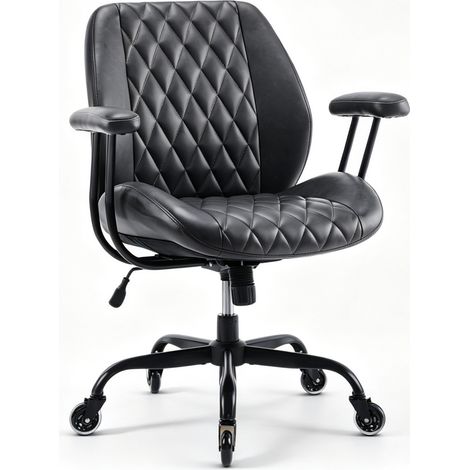 Silla de oficina ergonómica giratoria de cuero negro con reposabrazos ajustable (1/5)
