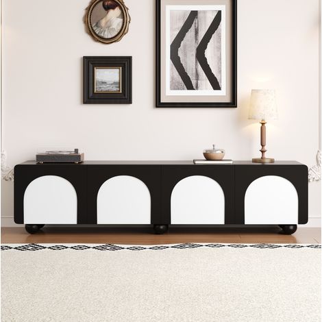 Meuble TV 180x38x45 cm noir et blanc en MDF avec 2 tiroirs, 2 portes et passe-cables (1/5)