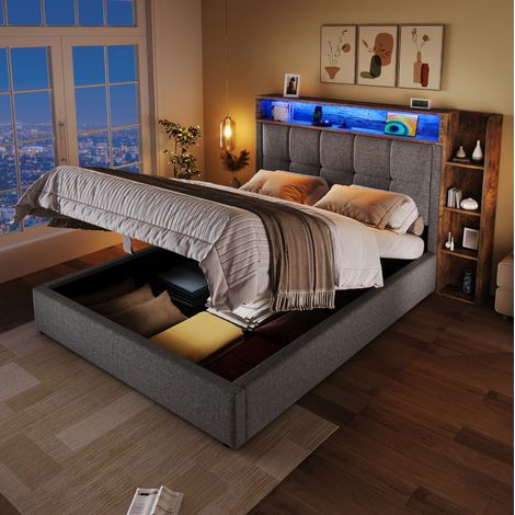 Letto a cassone bambini 90x200 cm con porta USB-Type-C, vani portaoggetti, illuminazione LED, in lino, senza materasso, grigio (1/5)