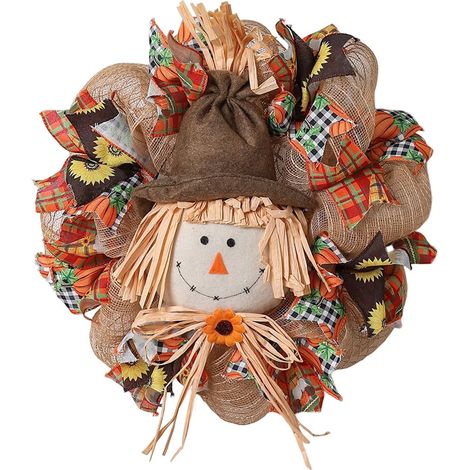 Couronne d'épouvantail d'automne pour Thanksgiving, guirlande artificielle orange de 45 cm (17,7 pouces) pour porte d'entrée (1/5)