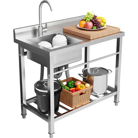 Lavabo multifonction en acier inoxydable avec armoire inférieure, 80x55x84 cm, évier commercial avec conduite d'eau chaude et froide, robinet et vidage, pour extérieur, intérieur, cuisine, salle à (1/5)