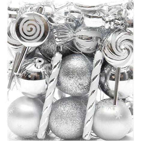 36 Pièces de Boules Noël à Suspendre pour Sapin Noël, Pendentifs en Forme Sphères Imprimées, Argent (1/4)