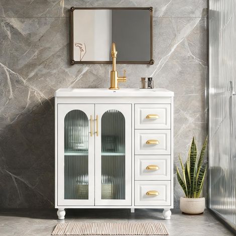 Meuble sous vasque blanc 80 cm avec vasque céramique en MDF (1/5)