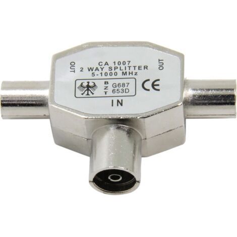 Connecteur coaxial d'antenne TV à 2 voies, répartiteur femelle type T/F vers double mâle, adaptateur coaxial RF TV argent (1/3)
