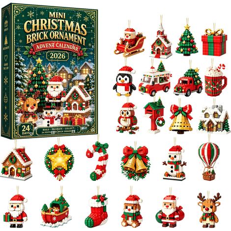 Mini-Weihnachtsbaumschmuck-Adventskalender 2026 – 24 flache 2D-Acryl-Hängeornamente – Weihnachtsmotiv mit Ballons, Häusern und Figuren (1/5)