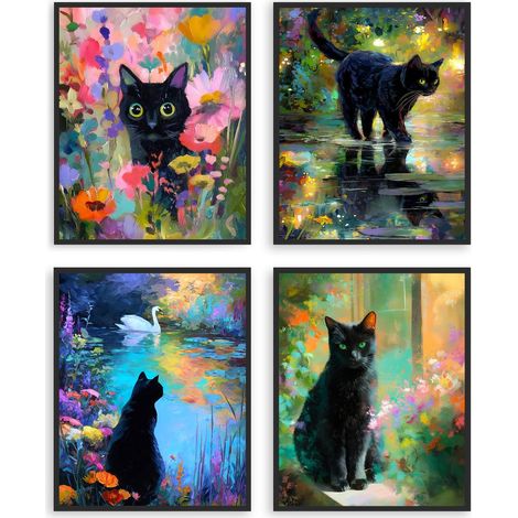 Set de 4 Pièces de Décoration Murale de Chat Noir Mignon, Impressions d'Art de Chat Noir Fantasy Floral Coloré avec Sens Élégant pour Chambre et Salon 8x10 pouces sans Cadre (1/5)