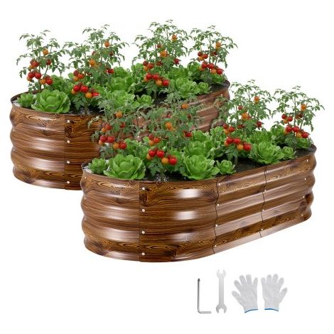 Cama Elevada de Jardín 120x60x30 cm Ovalada, Arriate de Jardín de Metal con Base Abierta, para Cultivo de Flores Plantas Verduras con Accesorios para Patio Balcón, 2 Piezas, Color de Madera (1/5)