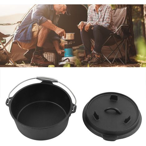Batterie de cuisine de camping en fonte, marmite hollandaise avec pieds et couvercle, marmite de camping à fond plat, marmite suspendue, marmite à mijoter pour feu ouvert, grande marmite de camping av (1/5)