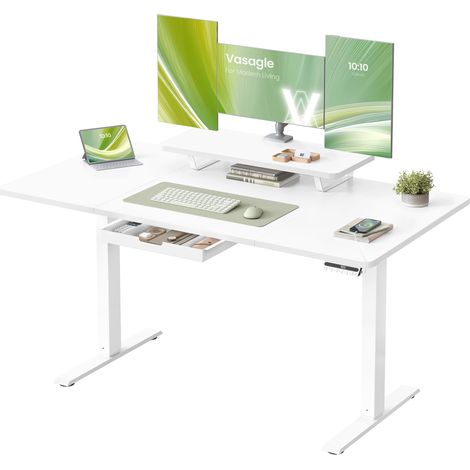 Bureau Électrique Réglable en Hauteur, 140 x 70 cm, Support d'Écran à Montage Flexible, Tiroir, Port USB-C, Rappel de Sédentarité, pour Télétravail, Blanc Nuage (1/5)