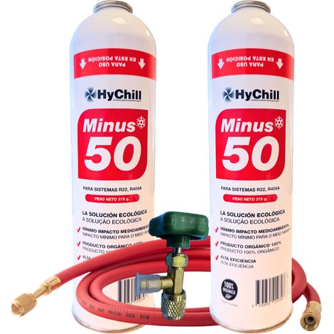 Pack 2 HYCHILL Minus 50 375g  Sustituto Orgánico R22 R404 R407C R502  Kit Profesional con Válvula y Manguera