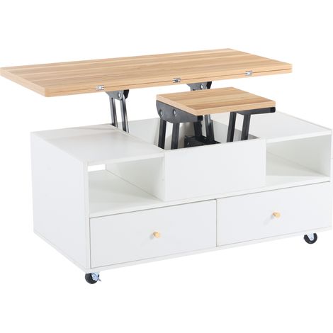 Table basse relevable réglable en hauteur avec fonction pliante et 4 tiroirs, 100 x 50 x 47,5 cm, une grande et une petite table relevable hydraulique, table de salon mobile avec roulettes universelle (1/5)
