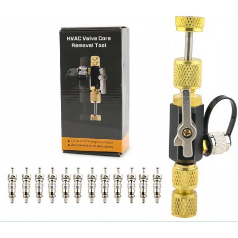 Outil de dépose de noyau de valve HVAC, kit avec 12 noyaux de rechange, adapté R410A R22, pour climatiseur réfrigération (1/5)