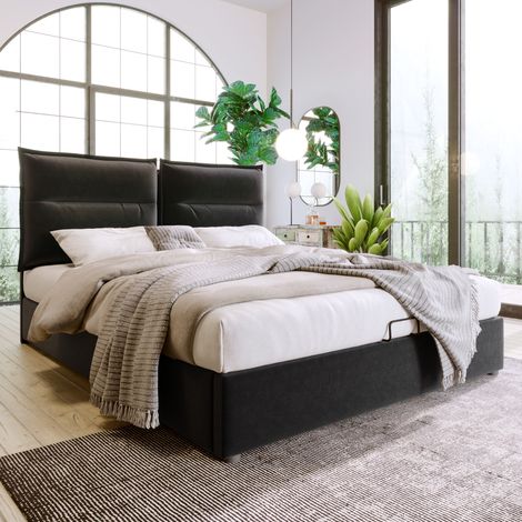 Lit double hydraulique rembourré 140x200 cm, sommier à lattes en métal, tête de lit ajustable, cadre moderne en velours noir avec grand espace de rangement (sans matelas) (1/4)